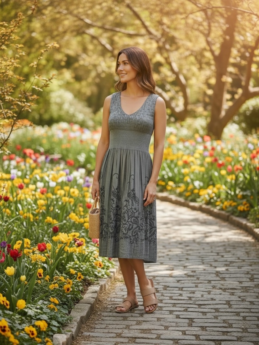 Lapis Smocked Embroidered Midi Dress - Size S/M - NWT